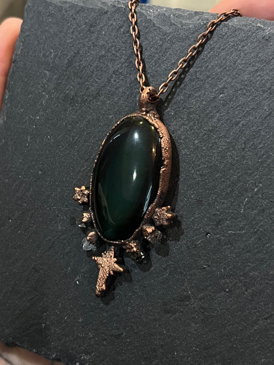 Electroformed copper rainbow obsidian necklace