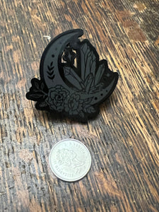 Blacked acrylic moon and crystal pin
