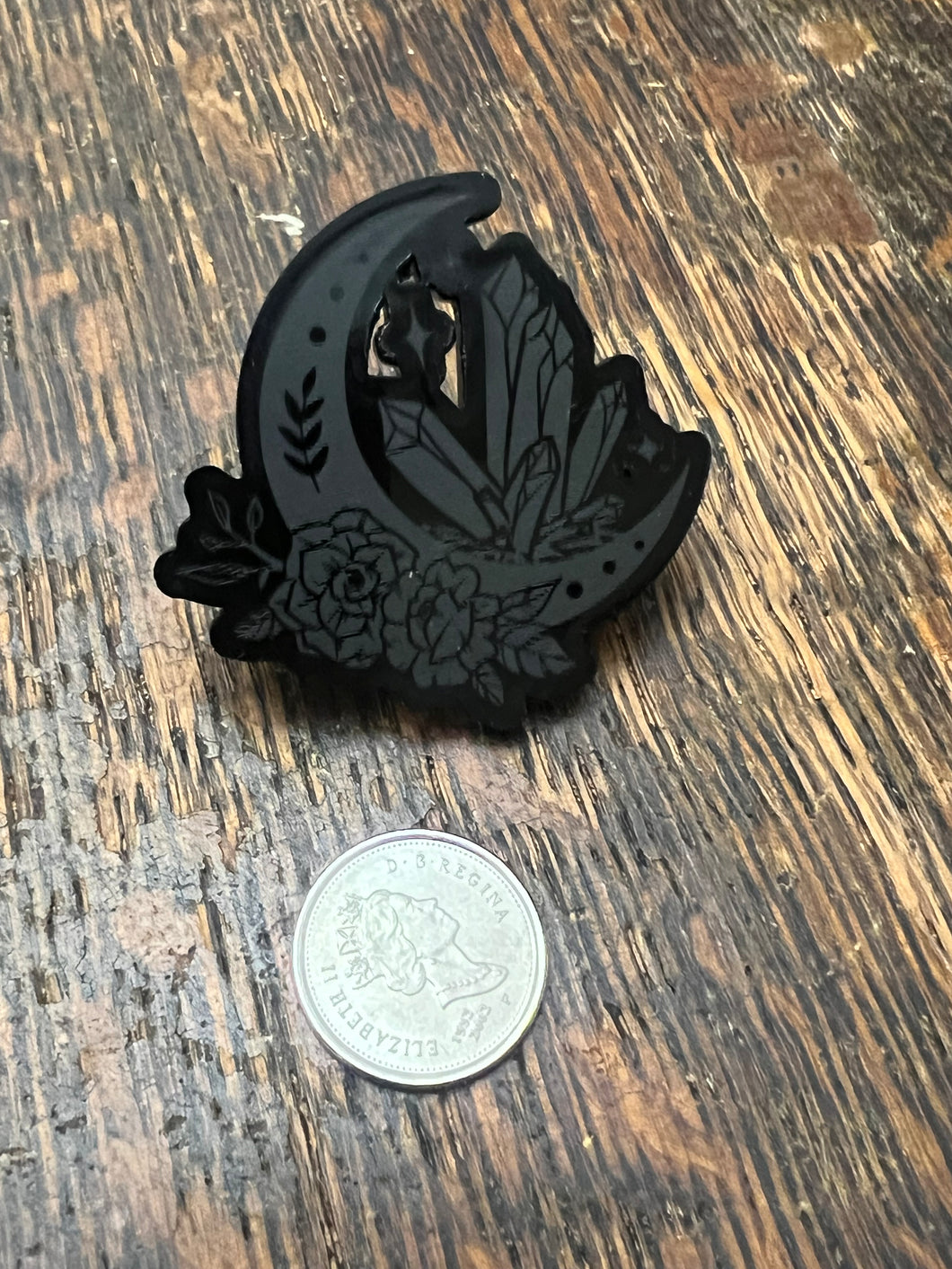 Blacked acrylic moon and crystal pin