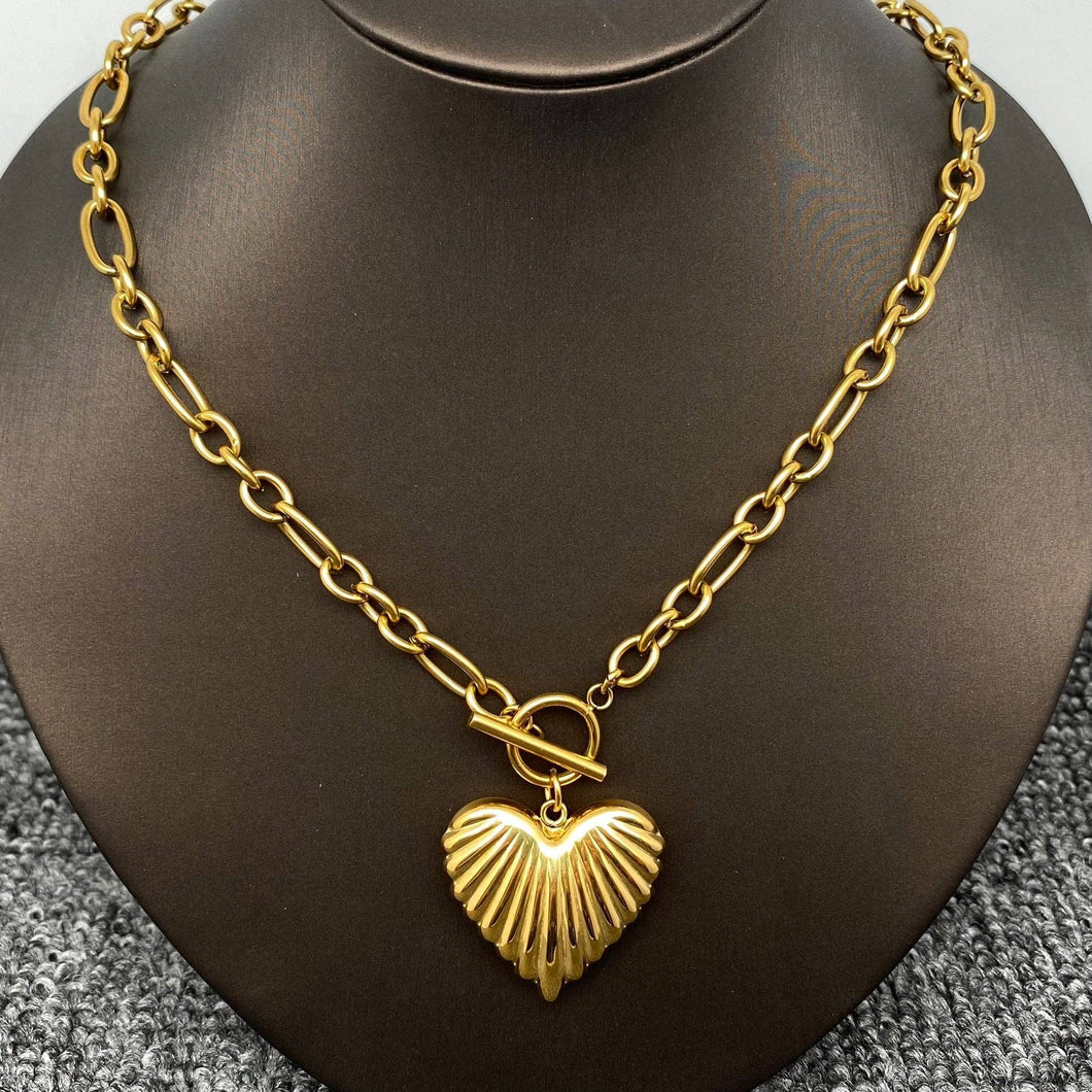 18K Golden SS Heart Charm Buckle Chain Necklace