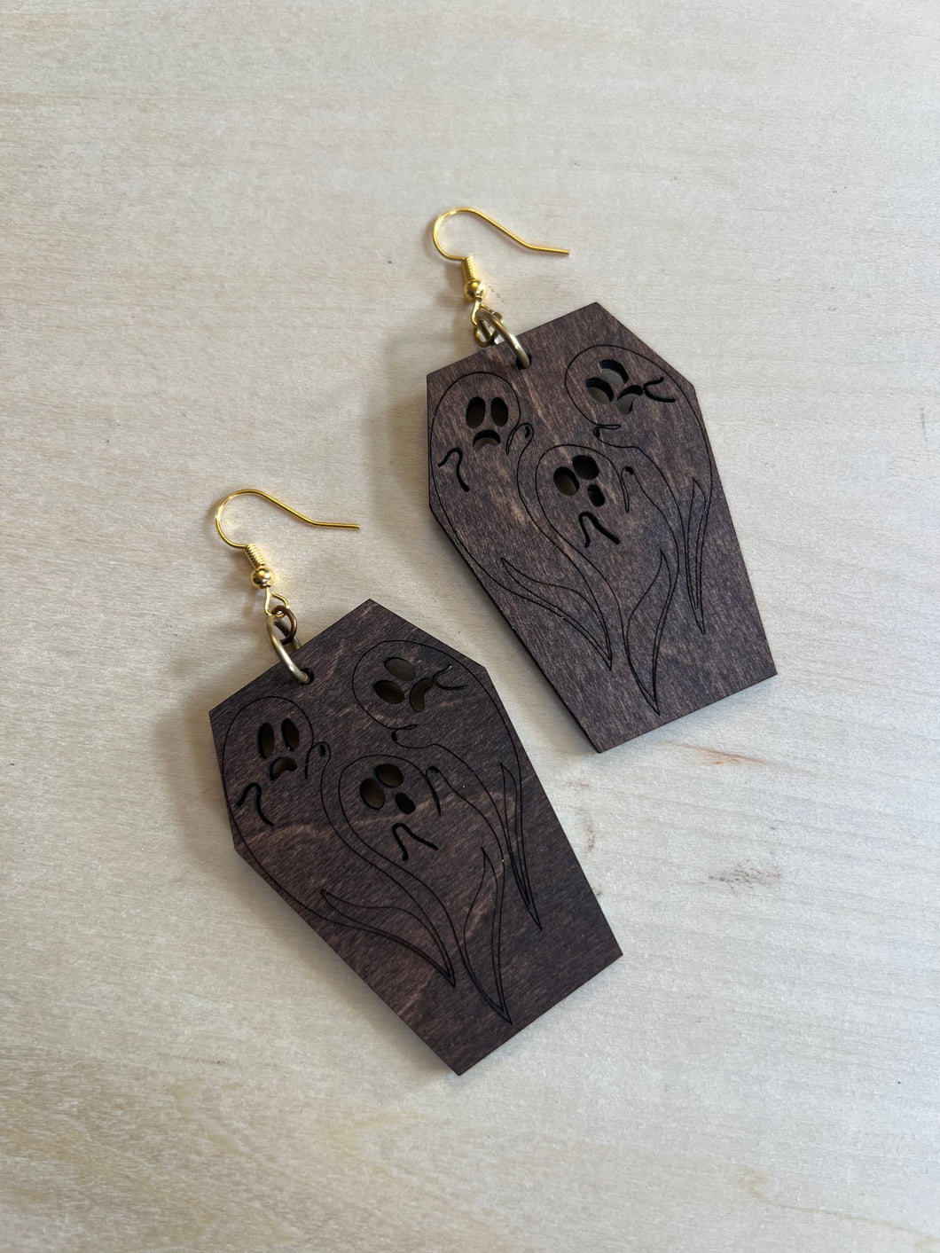 Wooden ghost coffin shape  earrings