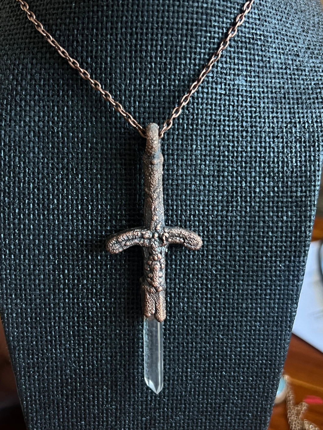 Copper electroformed sword with clear quartz