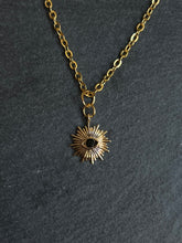 Load image into Gallery viewer, Gold plated Brass sun and black eye necklace
