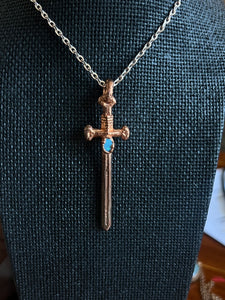 Copper electroformed sword  flashy opal necklace