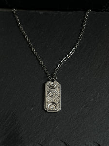 Stainless steel rectangle evil eye and crescent moon necklace pendant
