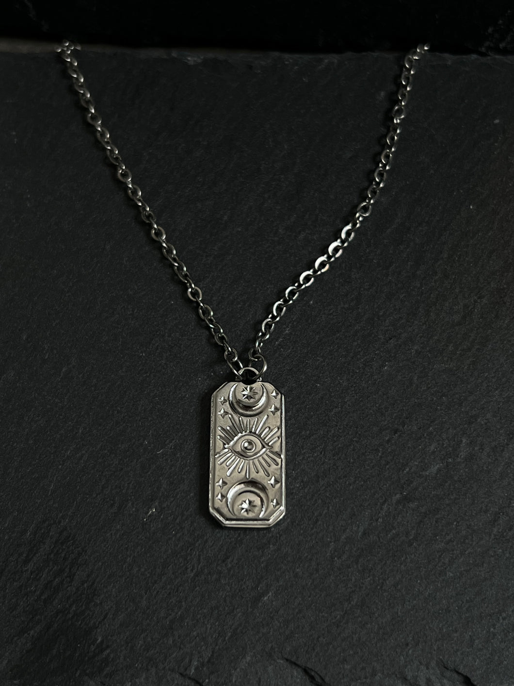 Stainless steel rectangle evil eye and crescent moon necklace pendant