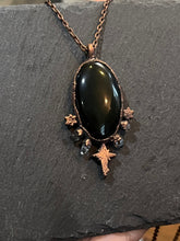 Load image into Gallery viewer, Electroformed copper rainbow obsidian necklace
