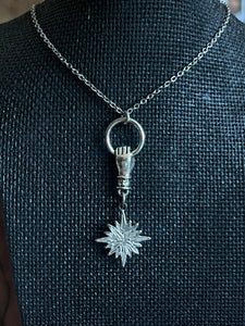 Star and hand with blue stone stainless steel necklace