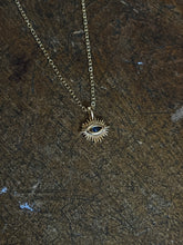 Load image into Gallery viewer, Gold plated Brass sun and blue eye necklace
