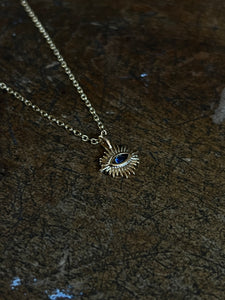 Gold plated Brass sun and blue eye necklace
