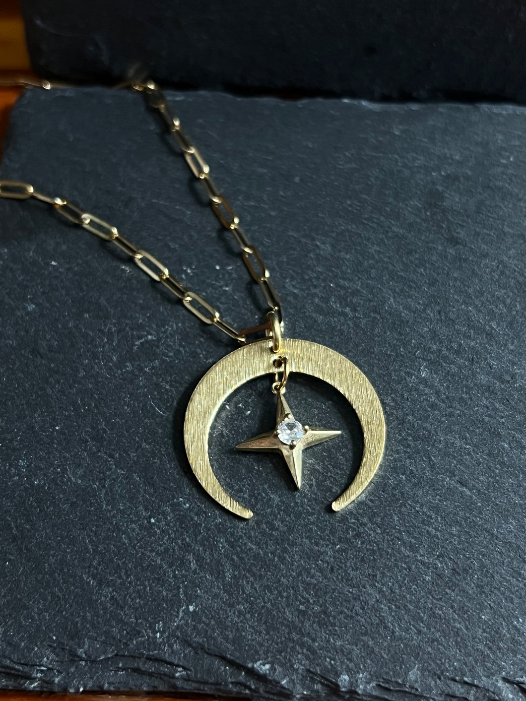 Star and crescent moon stainless steel paper clip chain necklace