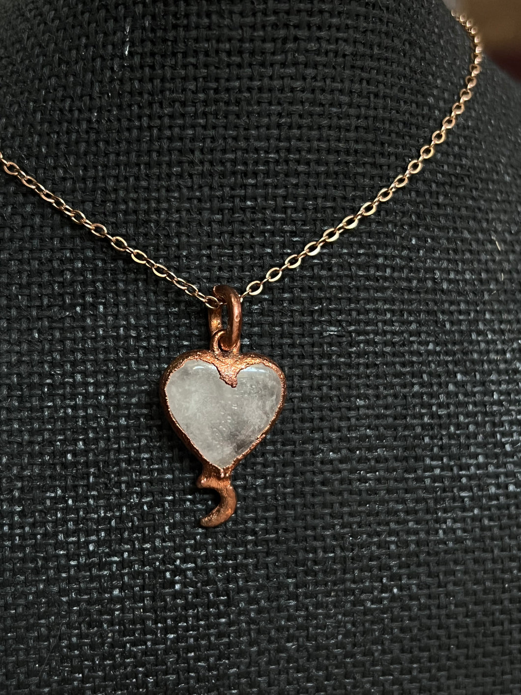 Rose quartz heart and moon electroformed copper stone necklace