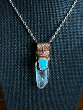 Load image into Gallery viewer, Clear quartz and turquoise copper electroformed necklace
