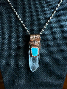 Clear quartz and turquoise copper electroformed necklace