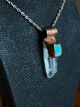 Load image into Gallery viewer, Clear quartz and turquoise copper electroformed necklace
