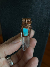 Load image into Gallery viewer, Clear quartz and turquoise copper electroformed necklace
