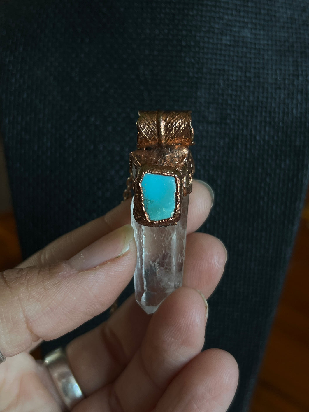Clear quartz and turquoise copper electroformed necklace