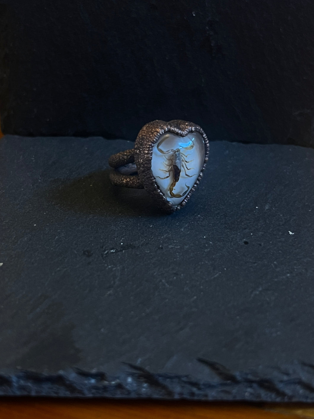 Scorpion heart ring electroformed copper size 5