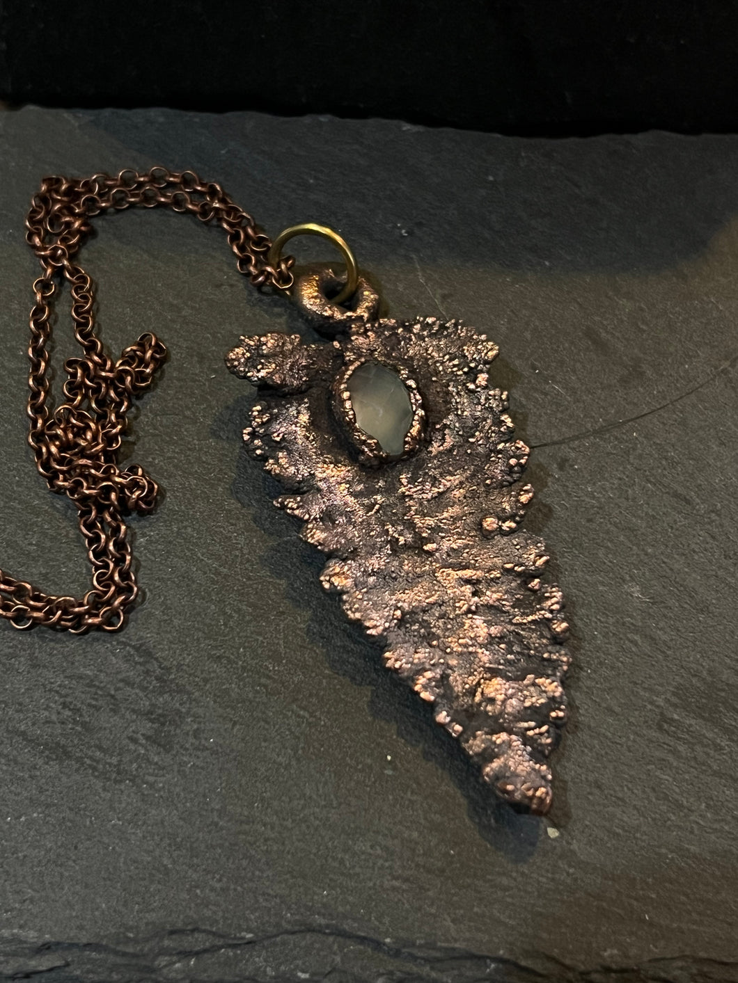 Copper electroformed fern necklace with chalcedony stone