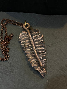 Copper electroformed fern necklace with chalcedony stone