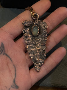 Copper electroformed fern necklace with chalcedony stone