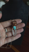 Load and play video in Gallery viewer, Clear quartz and turquoise copper electroformed necklace
